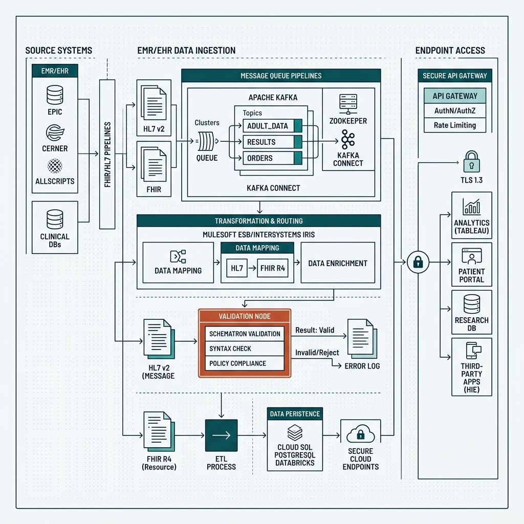 Healthcare integration architecture diagram showing EMR, FHIR APIs, HL7 parsing, and secure cloud endpoints
